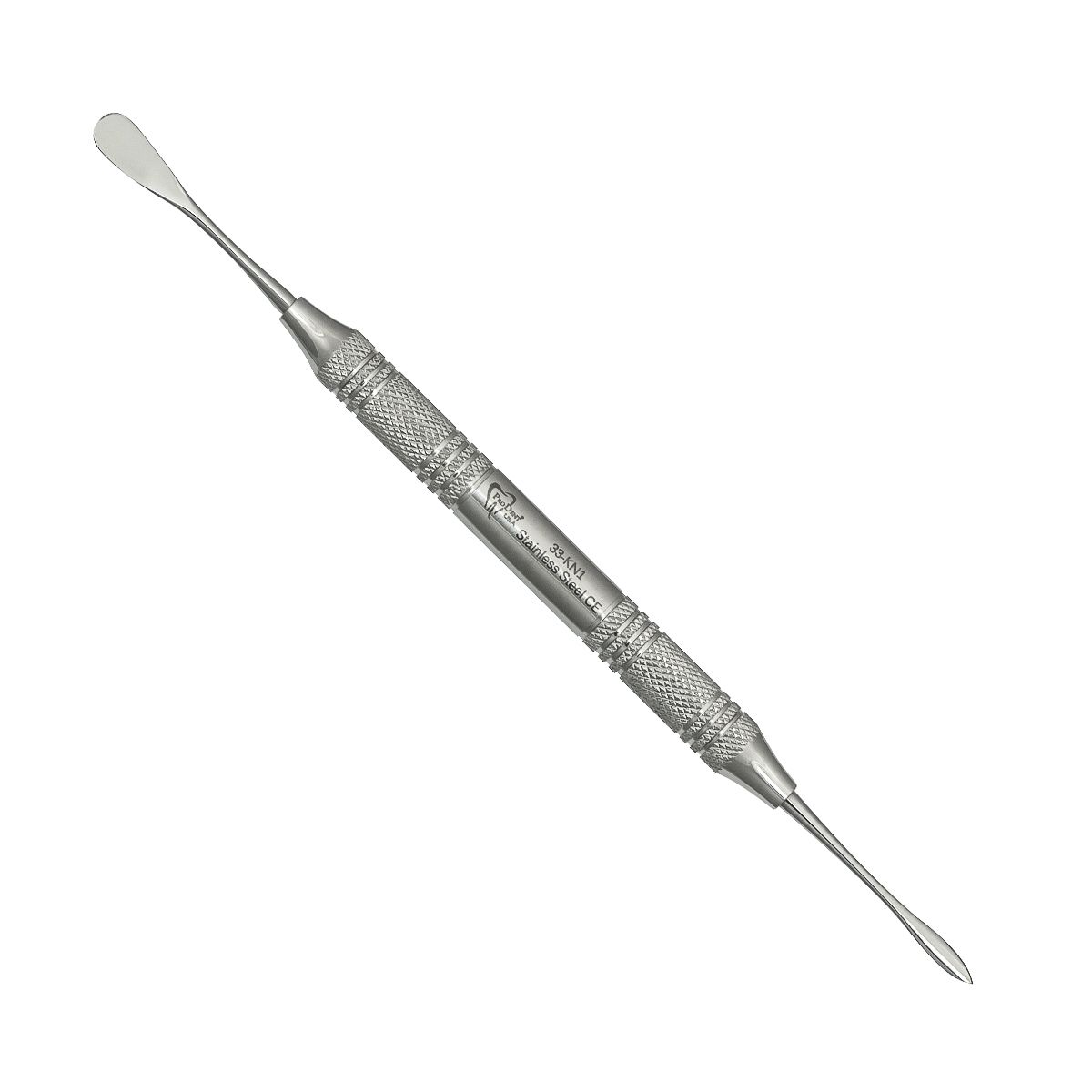 a stainless steel dental tool with a pointed end.